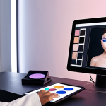 **Prompt 1: Futuristic Makeup Artist Consultation**
    "A professional makeup artist in a sleek, modern studio uses a transparent digital tablet displaying AI-driven personalized color analysis and virtual makeup simulations, collaborating with a diverse client. The scene emphasizes the fusion of advanced beauty technology (AI, VR/AR elements) with human-centric artistry, reflecting innovation and future vision in beauty. Soft, futuristic lighting, clean lines, and a sense of personalized transformation."