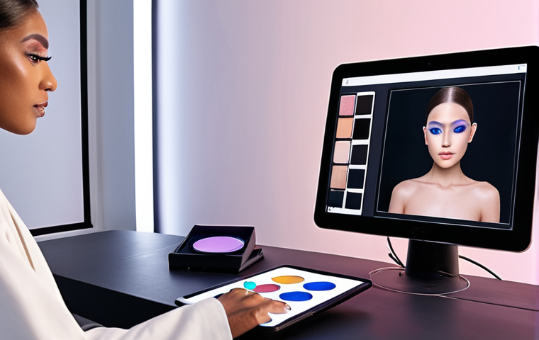 **Prompt 1: Futuristic Makeup Artist Consultation**
    "A professional makeup artist in a sleek, modern studio uses a transparent digital tablet displaying AI-driven personalized color analysis and virtual makeup simulations, collaborating with a diverse client. The scene emphasizes the fusion of advanced beauty technology (AI, VR/AR elements) with human-centric artistry, reflecting innovation and future vision in beauty. Soft, futuristic lighting, clean lines, and a sense of personalized transformation."