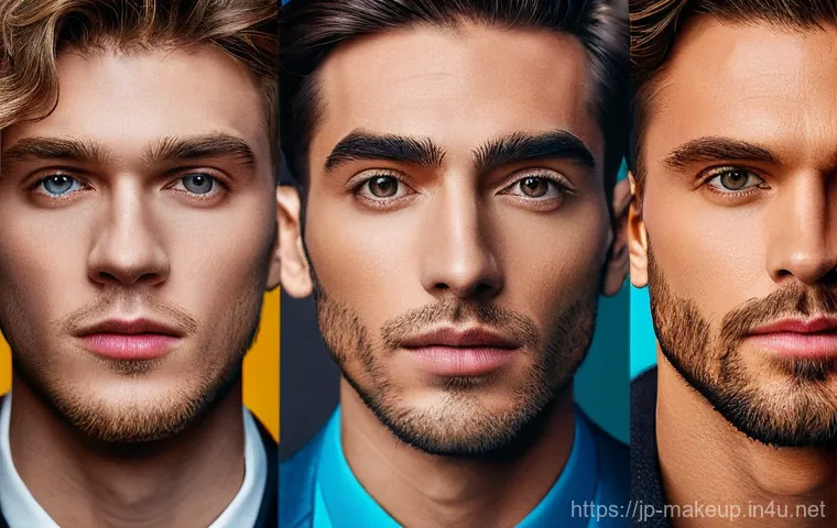 메이크업아티스트의 남성 메이크업 사례 - Here are three detailed image prompts in English, inspired by the provided text about men's makeup a...