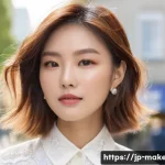 메이크업아티스트와 협업하는 헤어 디자이너 - Her skin is impeccably fresh and natural-looking, embodying the '素肌感メイク' (natural skin-like makeup) ...