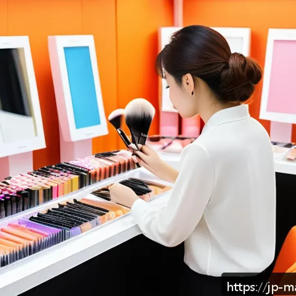 메이크업아티스트의 뷰티 박람회 준비 과정 - A professional makeup artist preparing at a beauty expo booth, carefully selecting and cleaning brus...