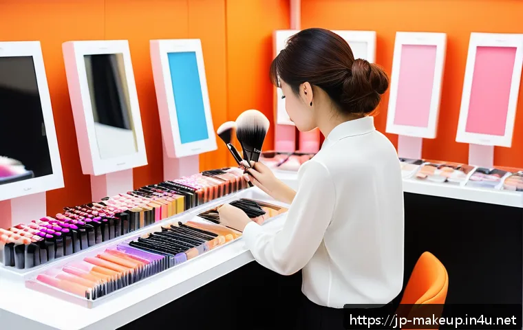 메이크업아티스트의 뷰티 박람회 준비 과정 - A professional makeup artist preparing at a beauty expo booth, carefully selecting and cleaning brus...