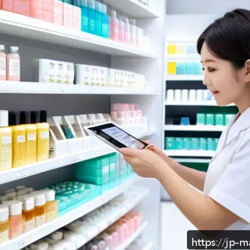 메이크업아티스트가 알아야 할 화장품 법규 - A modern Japanese cosmetics store interior with a clean and minimalist design, featuring shelves fil...