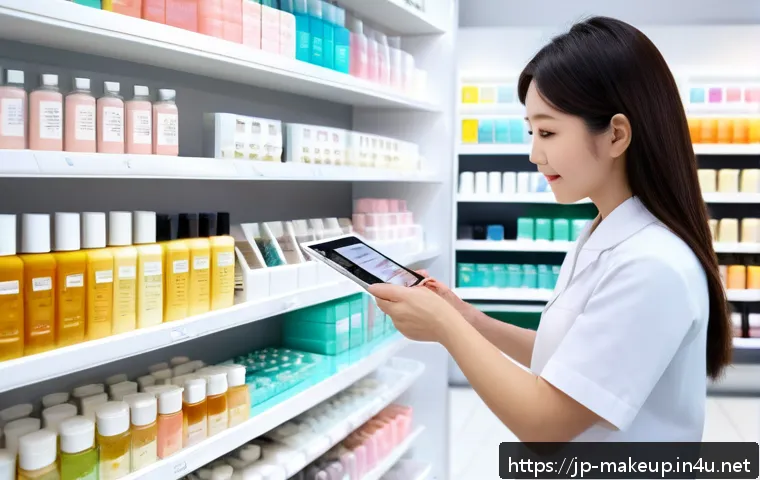 메이크업아티스트가 알아야 할 화장품 법규 - A modern Japanese cosmetics store interior with a clean and minimalist design, featuring shelves fil...